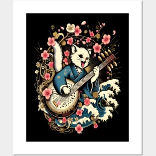 cat playing shamisen japanese Posters and Art